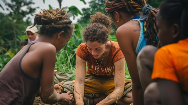 Indigenous community members in the Amazon rainforest, smiling and showcasing their traditional crafts. Natural light and vibrant colors reflecting their culture.