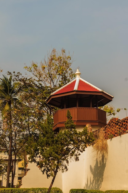A serene view of a Buddhist temple in Brazil, featuring traditional architecture with curved roofs and intricate details. Monks are seen walking peacefully in the courtyard, surrounded by lush greenery and colorful flowers. The image captures the tranquil atmosphere and spiritual ambiance of the temple.