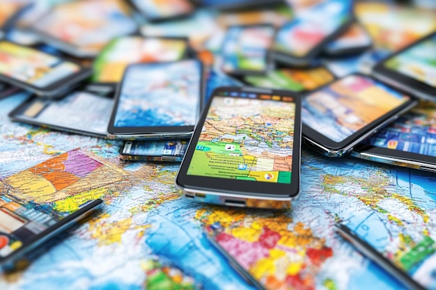A collage of smartphone screens showcasing various travel apps, including flight booking, hotel reservations, map navigation, and destination guides, set against a backdrop of a world map and travel accessories.