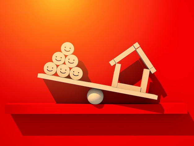 A balanced scale with a Brazilian Real coin on one side and a miniature house on the other, symbolizing the impact of tax reform on personal finances and property ownership.