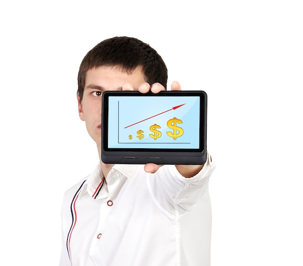 A person holding a tablet displaying a balanced investment portfolio, with charts representing stocks, bonds, and real estate. A rising arrow indicates growth and positive returns.