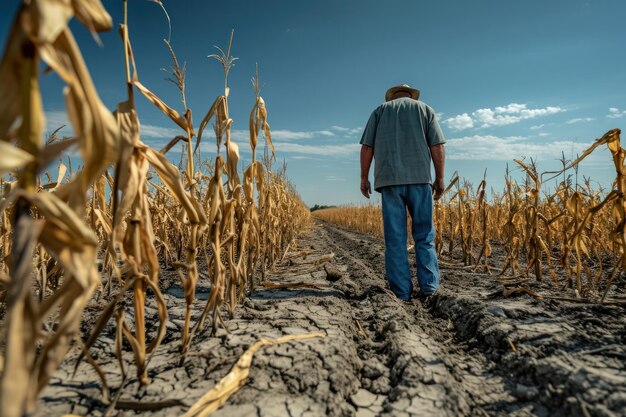 A farmer inspecting his drought-stricken cornfield in northeastern Brazil, highlighting the vulnerability of agriculture to climate change, with cracked soil and withered plants in the foreground.