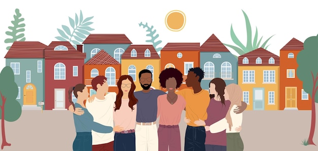 A diverse group of people gathered in front of a newly constructed residential building, representing the beneficiaries of the Minha Casa, Minha Vida program and the diversity of Brazilian society.