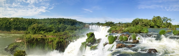 Panoramic view of the Iguaçu Falls, a spectacular natural wonder on the border of Brazil and Argentina, showcasing the immense power and beauty of the waterfalls.