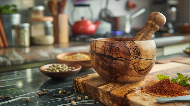 A close-up view of a small mortar and pestle filled with freshly ground Brazilian spices, with scattered whole spices and herbs around it, conveying a sense of culinary artistry and natural flavors.