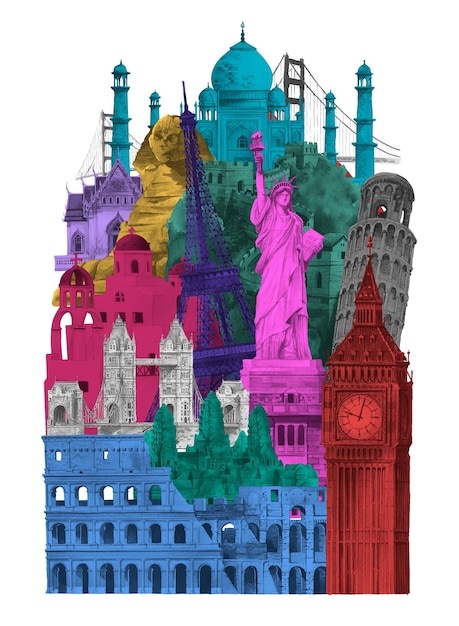 A collage featuring various iconic landmarks from different countries (e.g., Eiffel Tower, Great Wall of China, Statue of Liberty), symbolizing global market diversification.