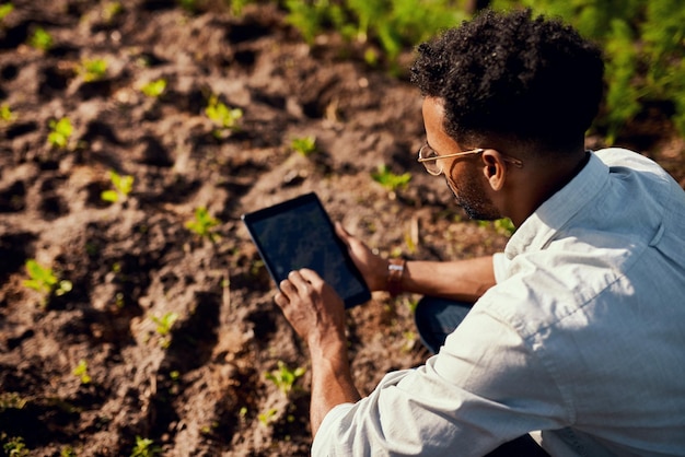 A Brazilian farmer using a tablet to monitor the weather forecast and soil conditions in his field. He is surrounded by healthy crops, and the image emphasizes the use of technology in modern agriculture to adapt to climate change.
