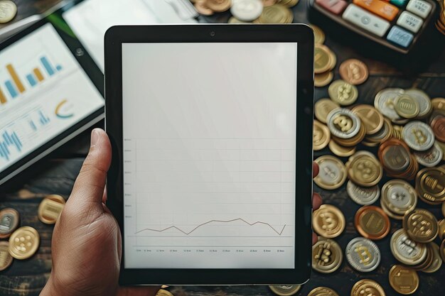 A close-up shot of Brazilian currency (Real) alongside a digital tablet displaying positive growth charts for fixed income investments. The focus is on the interplay between physical money and digital representation of investment performance, with a blurred background showing a modern office environment.