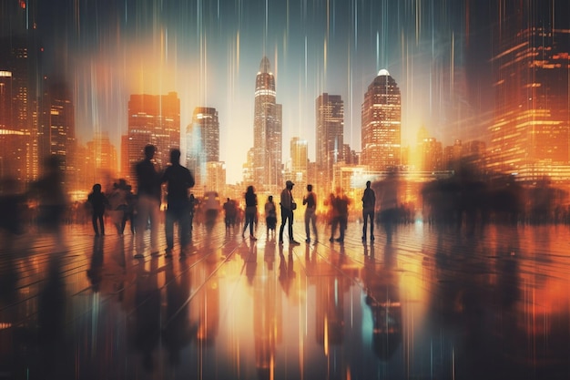 A dynamic image showing silhouettes of people looking up at a towering skyscraper representing real estate investment. The sky above is divided into contrasting sections: one sunny and bright, the other stormy and dark, symbolizing the volatility of the real estate market.