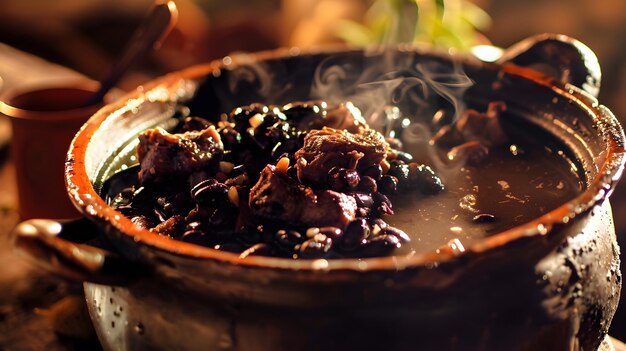 Close-up shot of a simmering pot of feijoada, with various cuts of meat and beans visible. Steam rises from the pot, creating a sense of warmth and authenticity.
