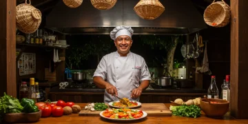 Chef preparando prato de gastronomia típica brasileira com ingredientes frescos em cozinha rústica