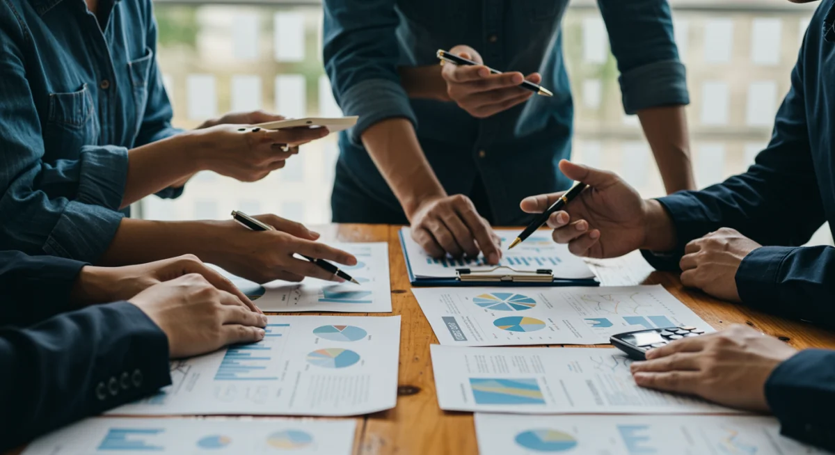 Empreendedores discutindo plano de negócios para investimento em gastronomia