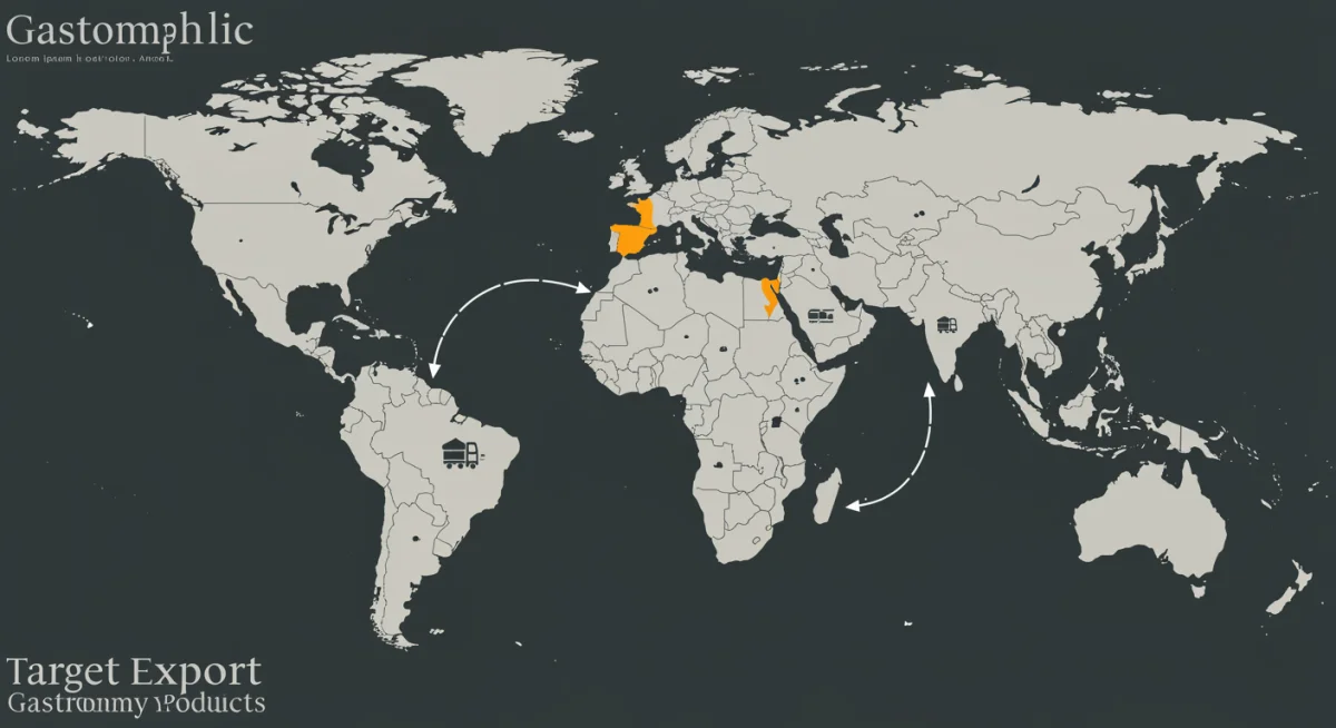 Mapa-múndi destacando mercados-alvo para exportação de gastronomia brasileira, com setas indicando fluxo comercial.