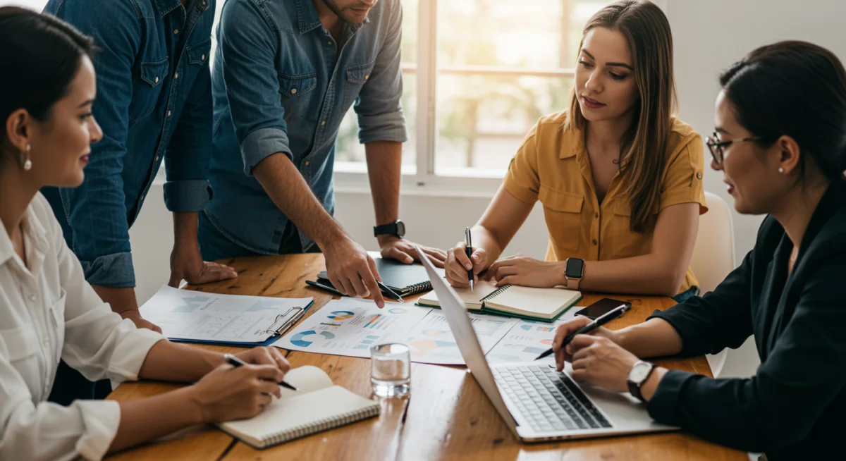 Pequenos empresários brasileiros discutindo estratégias para se adaptar às novas leis de incentivo fiscal de 2025.