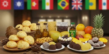 Mesa repleta de produtos típicos da gastronomia brasileira, como pão de queijo, açaí, brigadeiros e cachaça, pronta para exportação.
