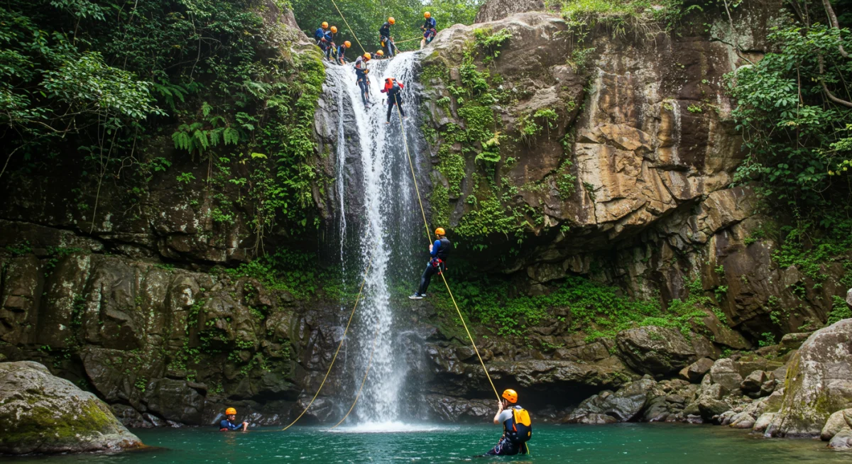 Pessoas praticando rapel em uma cachoeira no Brasil, equipamento de segurança visível.