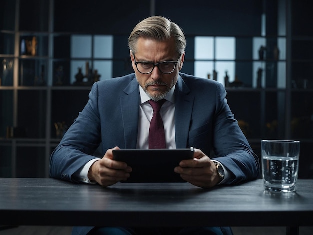 A well-dressed businessman sitting at his desk, analyzing financial data on a tablet, with a focused expression.