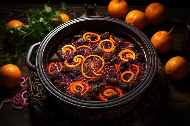 A close-up shot of a steaming pot of feijoada, showcasing the rich, dark stew with visible pieces of meat and sausage. Garnish includes chopped parsley and a side of orange slices.