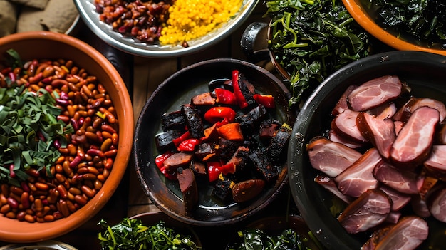A top-down view of a feijoada buffet in a restaurant, displaying various components such as black beans, different cuts of pork, sausages, farofa, collard greens, and orange slices. The presentation is vibrant and inviting, highlighting the diversity of textures and flavors.