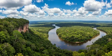 Paisagem exuberante do Brasil com rio e caiaques, simbolizando o turismo de aventura.