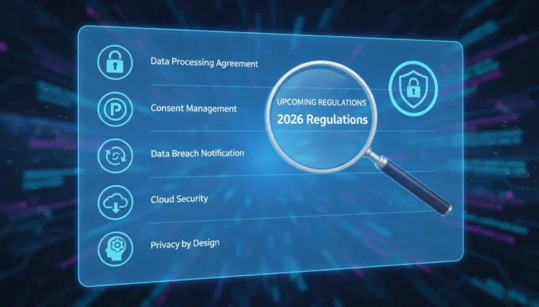 Compliance checklist for 2026 data privacy regulations, emphasizing data protection and avoiding fines.