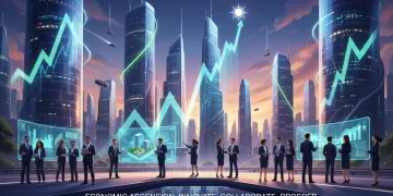 Futuristic city with upward financial trends and diverse business teams symbolizing 2026 economic growth strategies.