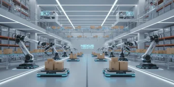 Advanced autonomous robots streamlining operations in a modern US logistics warehouse