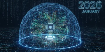 Digital shield protecting intricate AI algorithms and data streams in a futuristic setting, symbolizing intellectual property security in 2026.