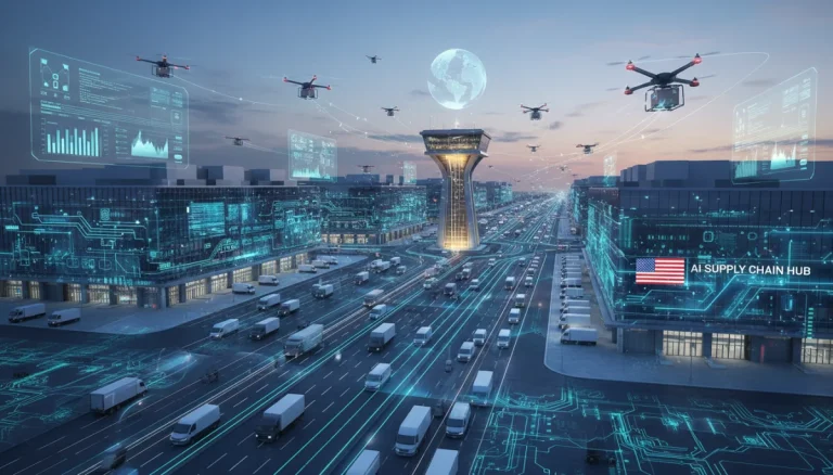 AI-powered logistics hub in the US with smart vehicles and data visualization
