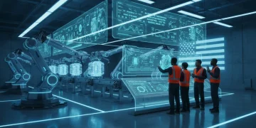 AI-powered predictive maintenance dashboard in a modern US manufacturing plant
