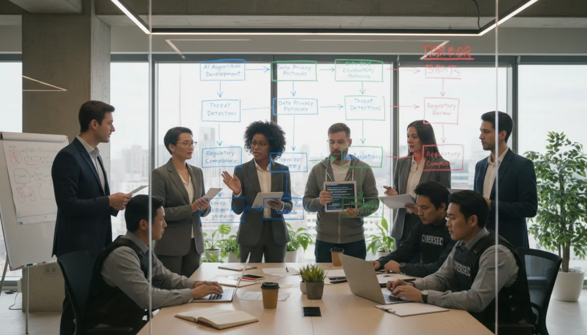 Team collaborating on AI algorithm protection strategies, showcasing interdisciplinary expertise in a corporate setting.