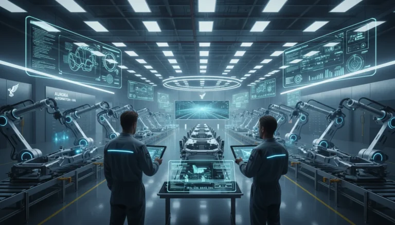 AI-powered robotic arms in a modern US manufacturing facility