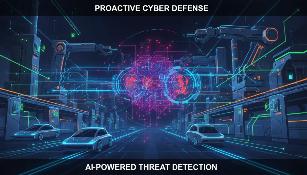 AI-powered threat detection safeguarding diverse IoT devices in a business environment.