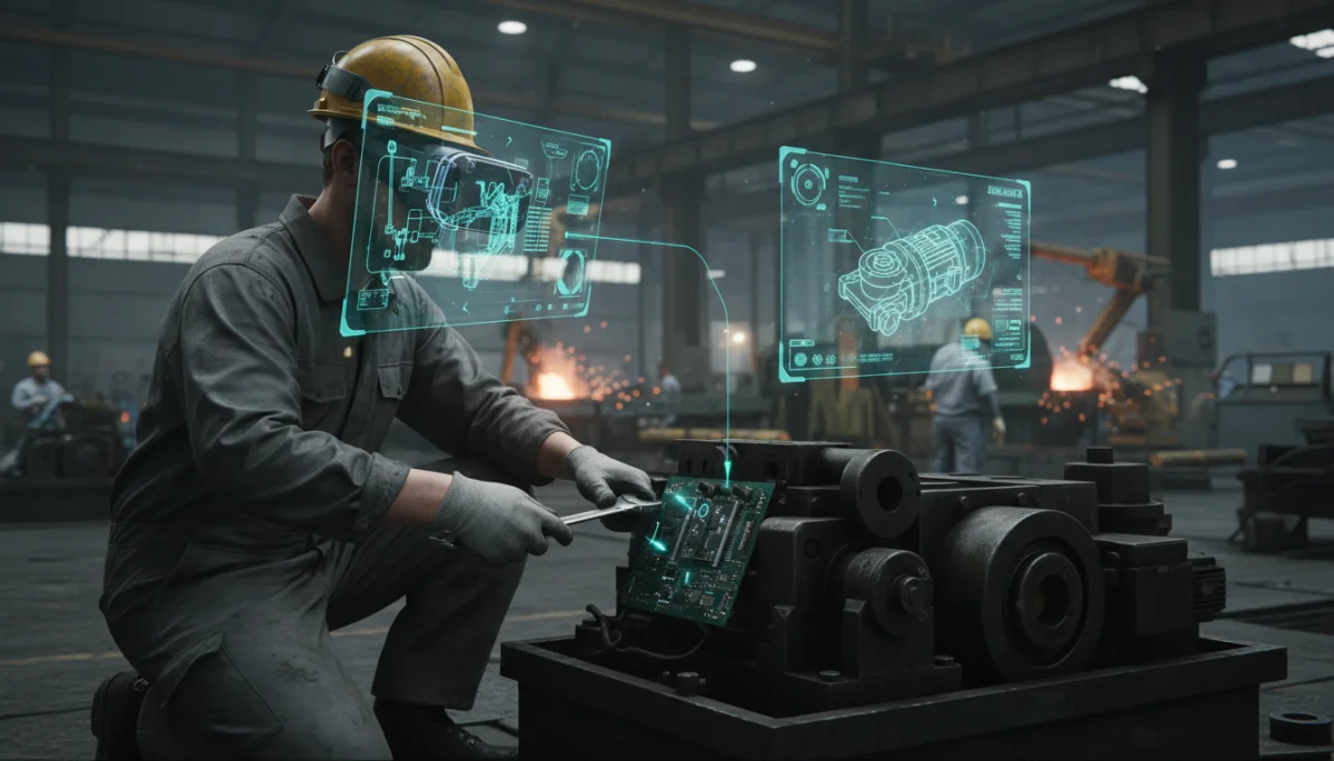 Industrial worker performing maintenance with AR overlay instructions