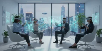 Remote workers collaborating with augmented reality headsets in a futuristic virtual office environment