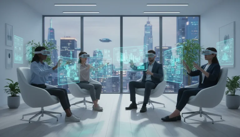 Remote workers collaborating with augmented reality headsets in a futuristic virtual office environment