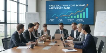 Business team collaborating on SaaS solutions for overhead reduction