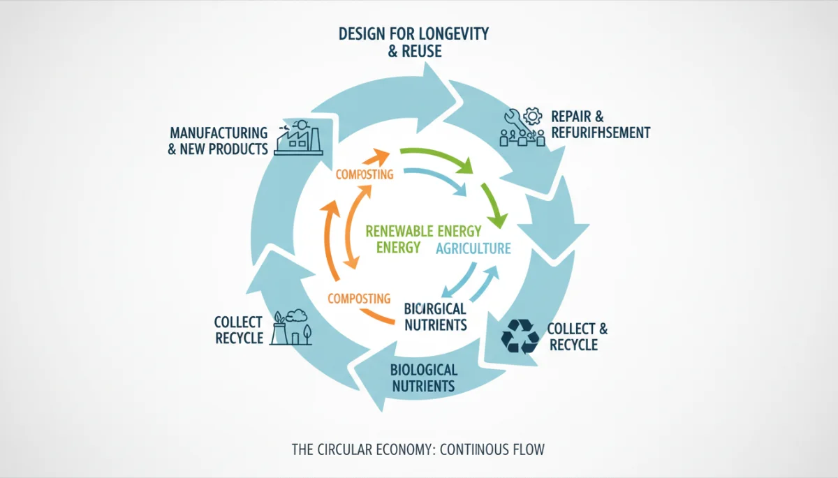 Circular economy model diagram with interconnected loops of reuse and recycling