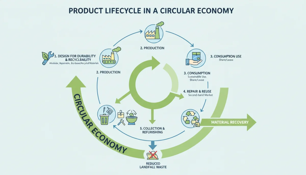 Infographic showing product lifecycle in a circular economy, emphasizing repair, reuse, and recycling.