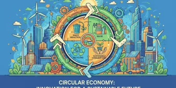 Circular economy model with gears, arrows, and sustainable elements in a US urban setting.
