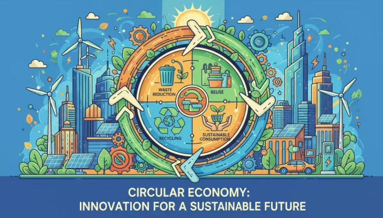 Circular economy model with gears, arrows, and sustainable elements in a US urban setting.