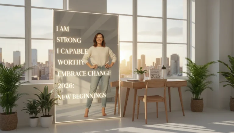Person confidently looking in mirror, positive affirmations visible, symbolizing personal transformation and growth in 2026.
