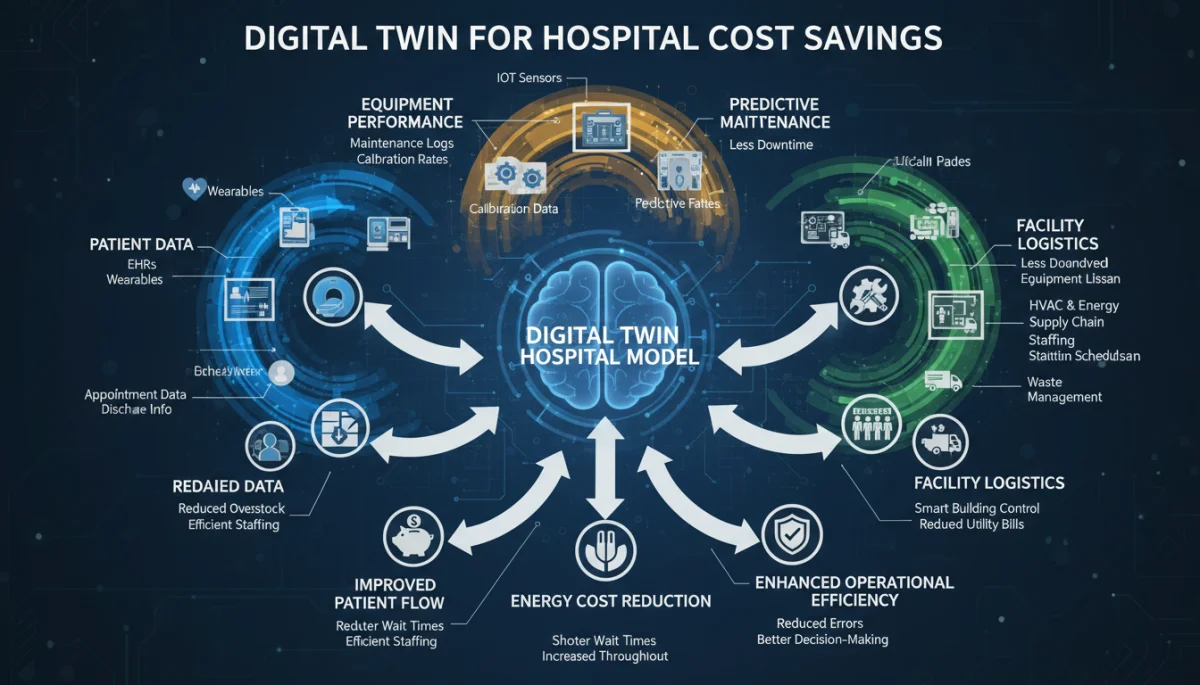 Infographic illustrating data integration for digital twin cost savings in healthcare.