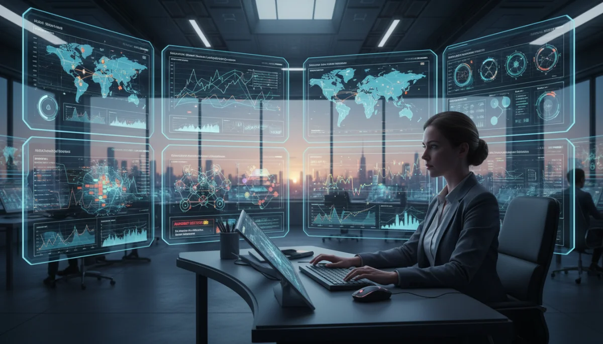 Data scientist monitoring real-time supply chain performance metrics on a multi-screen dashboard.
