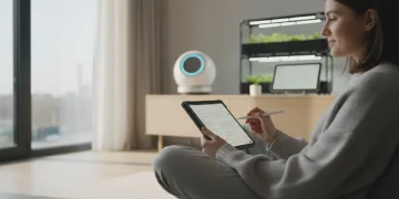 Person writing in a digital journal in a modern home office, symbolizing 2026 journaling benefits