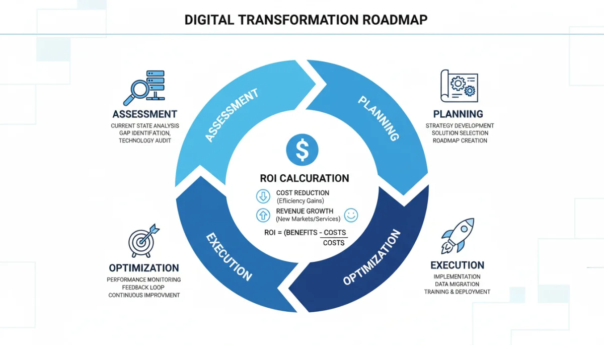 Infographic depicting the cyclical phases of a digital transformation roadmap and ROI metrics.