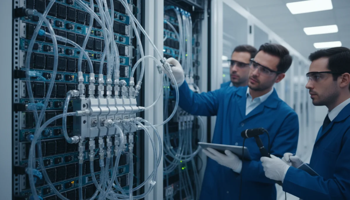 Engineers examining direct-to-chip liquid cooling systems