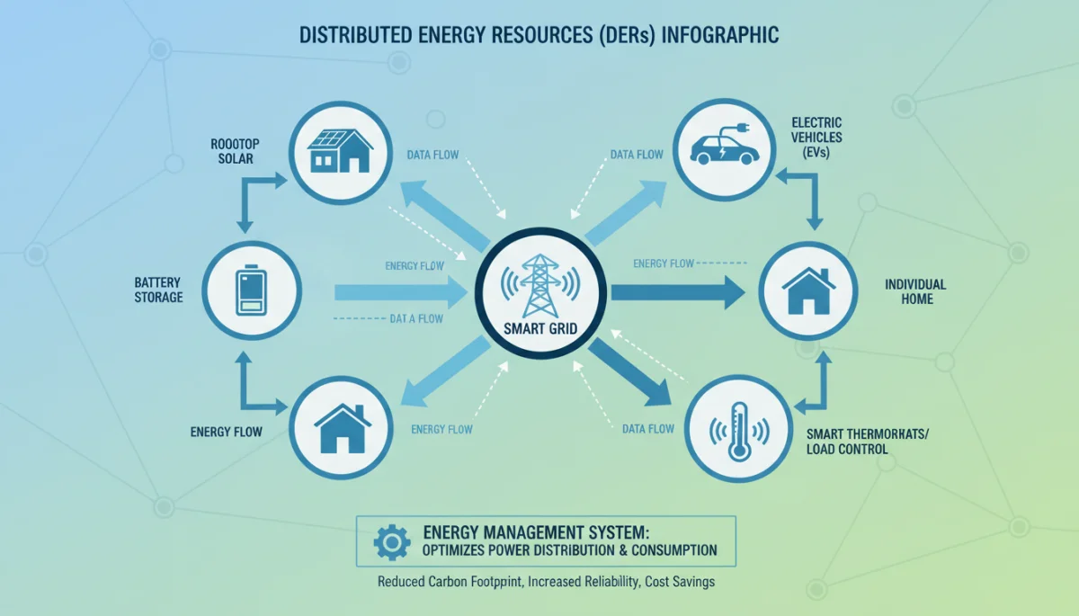 Infographic illustrating various distributed energy resources and their grid interaction