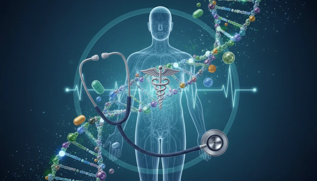 DNA strands integrated with medical symbols illustrating genomic medicine