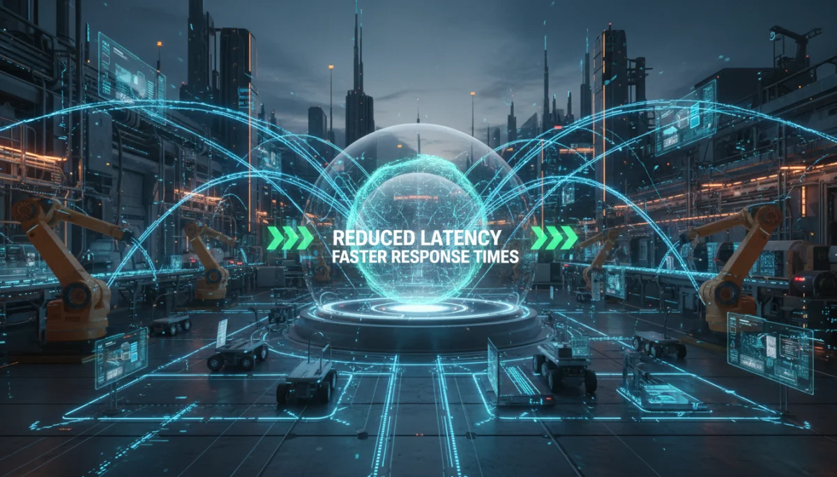 Data flowing rapidly from edge devices to a localized processing unit, illustrating reduced latency.
